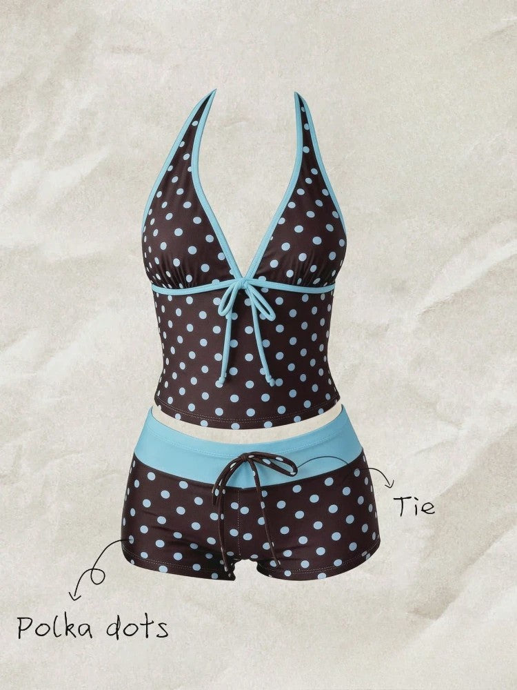 Dames Polka Dot Tankini Set - 2-Delig met Halter V-hals Top en Shorts