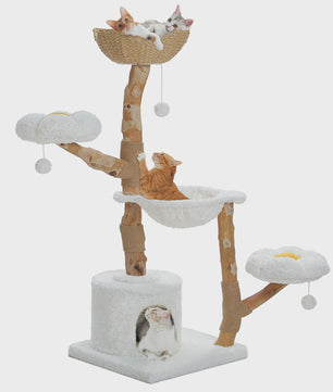 Luxe Kattenboom 150cm met Wicker Manden, Krabpaal & Bloemenplateaus