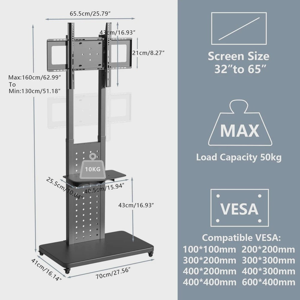 Verrijdbare TV Standaard voor 32-65 Inch TV's | In Hoogte Verstelbaar | VESA 600x400mm