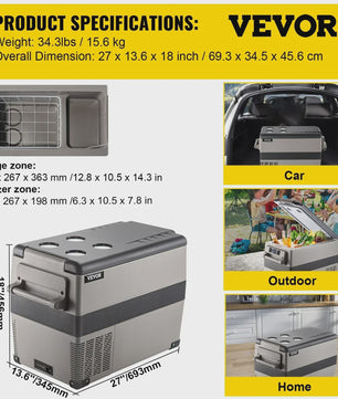 VEVOR Draagbare Auto Koelkast & Vriezer - 35L/45L/55L - 12/24V DC & 110-240V AC