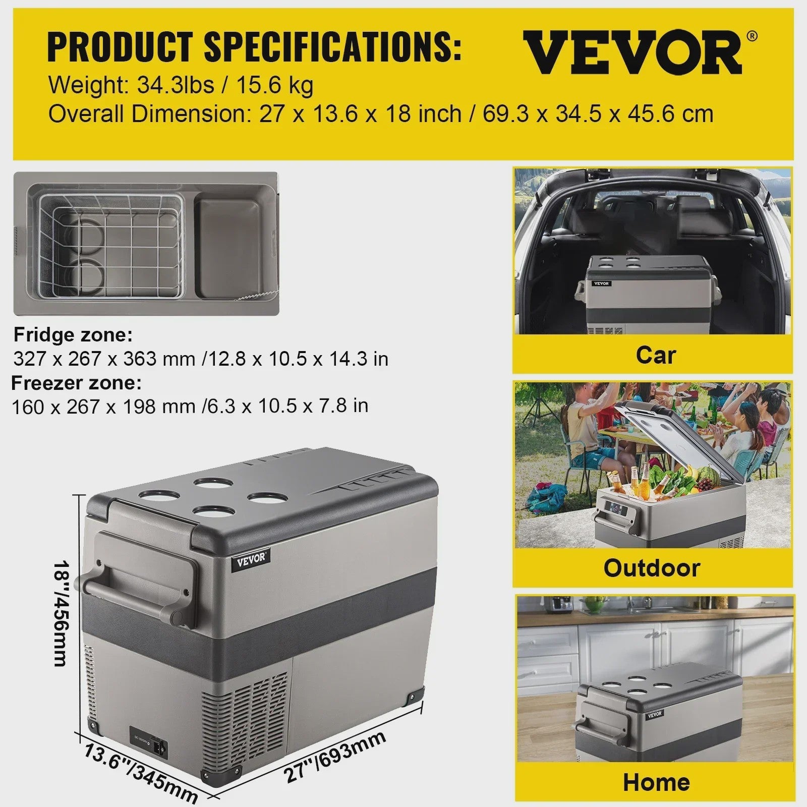 VEVOR Draagbare Auto Koelkast & Vriezer - 35L/45L/55L - 12/24V DC & 110-240V AC