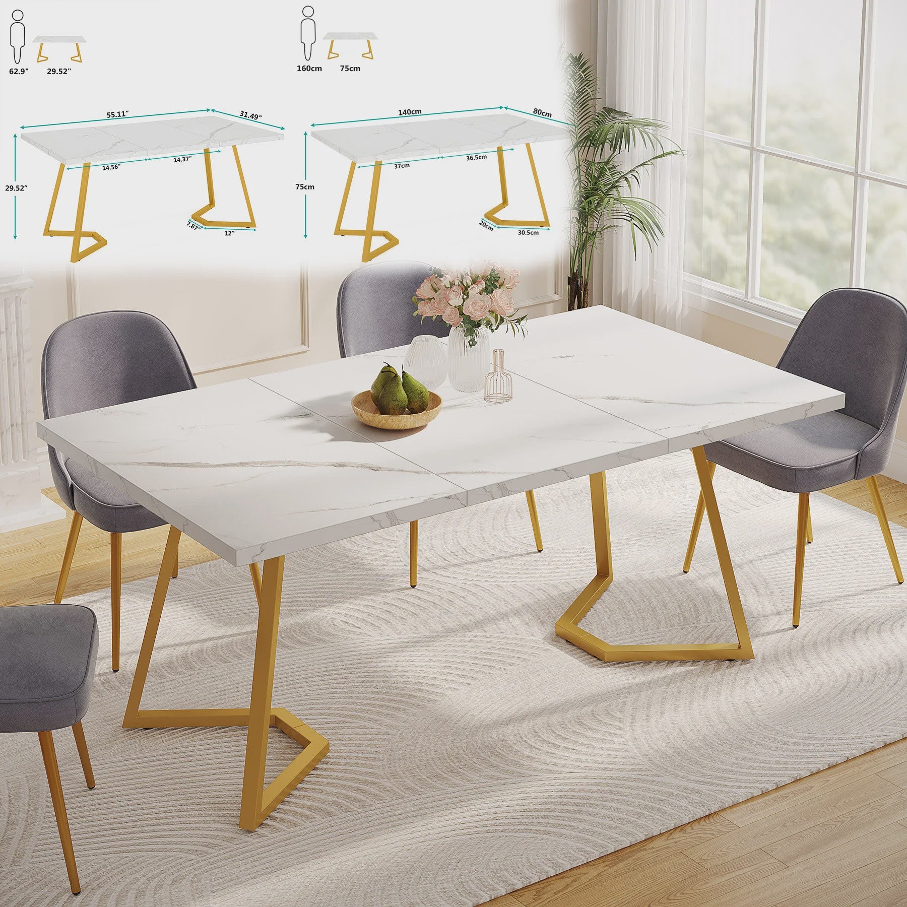 Moderne Marmerlook Eettafel voor 4-6 Personen - Stijlvol Wit Design (160cm)