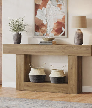 Lange Console Tafel 63 Inch - Farmhouse Entree Tafel met U-Vormige Basis en Onderste Plank