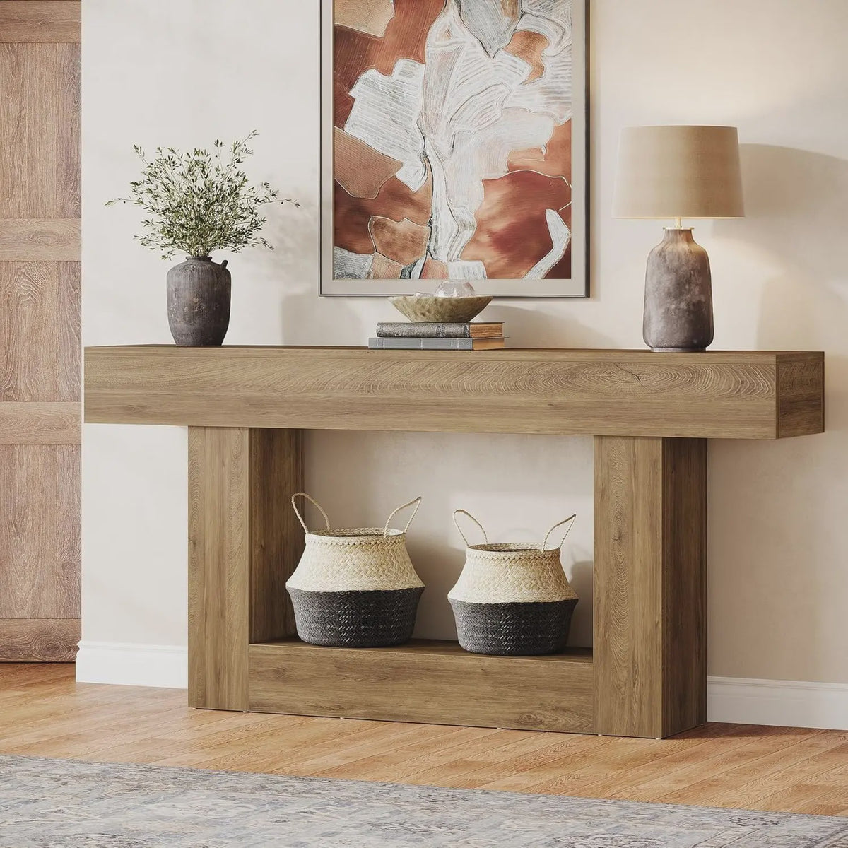 Lange Console Tafel 63 Inch - Farmhouse Entree Tafel met U-Vormige Basis en Onderste Plank