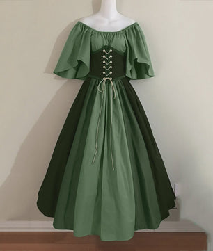 Middeleeuwse Retro Jurk met Contrastkleuren en Off-Shoulder Halslijn