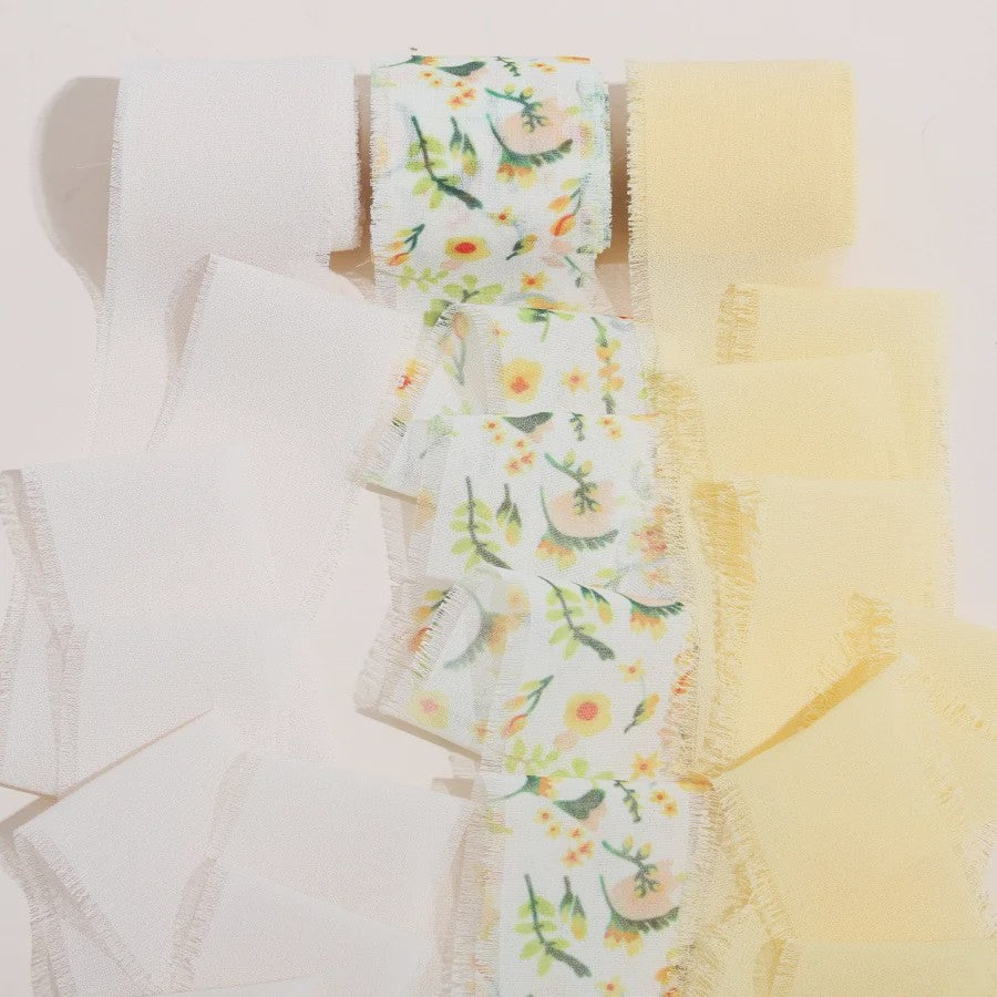 Handgemaakte Satijn Chiffon Lint Set - 3 Rollen van 5m met Rafeleffect voor Bruiloft, Cadeau & DIY Decoratie