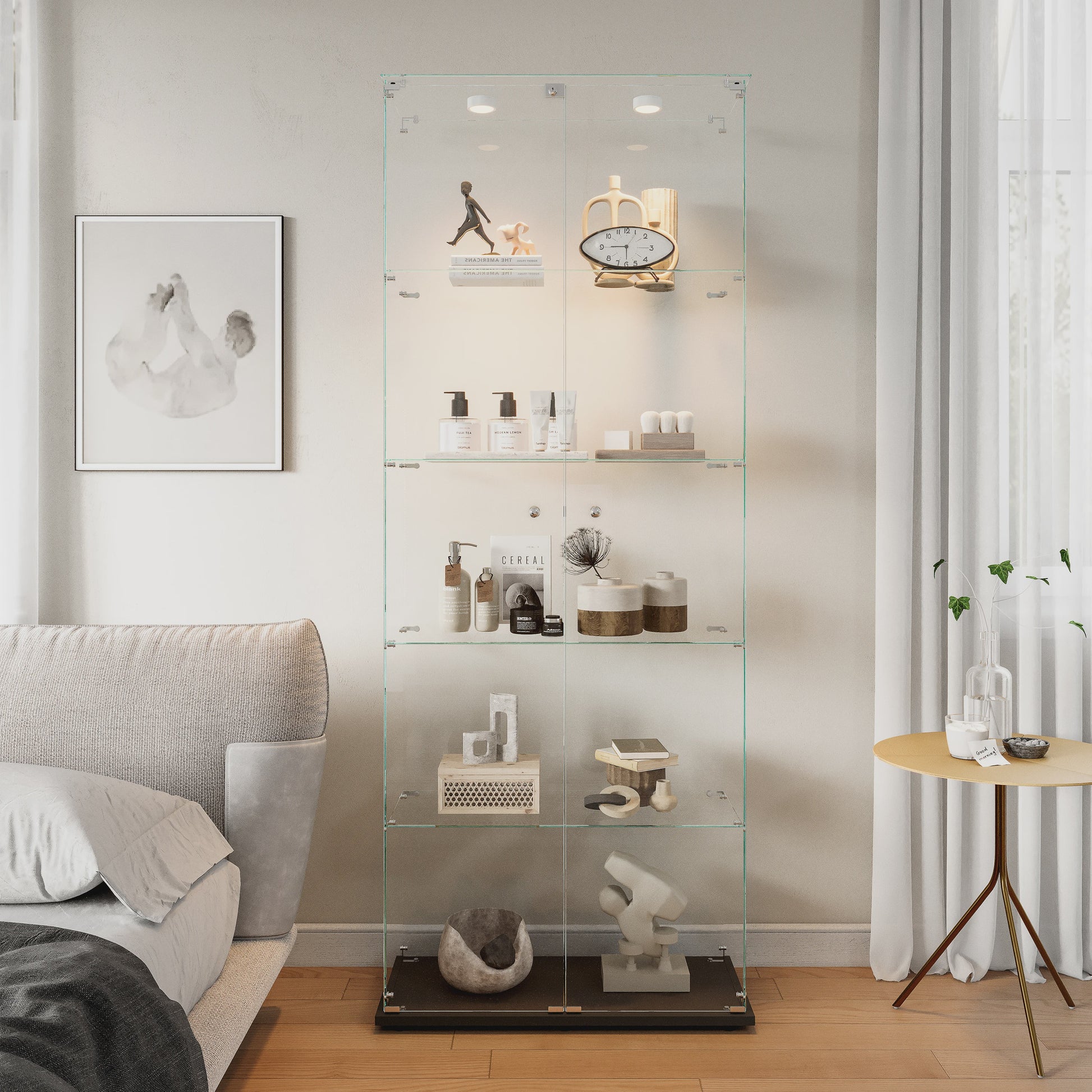 Moderne Glazen Vitrinekast met LED Verlichting - 5 Lagen, 2 Deuren