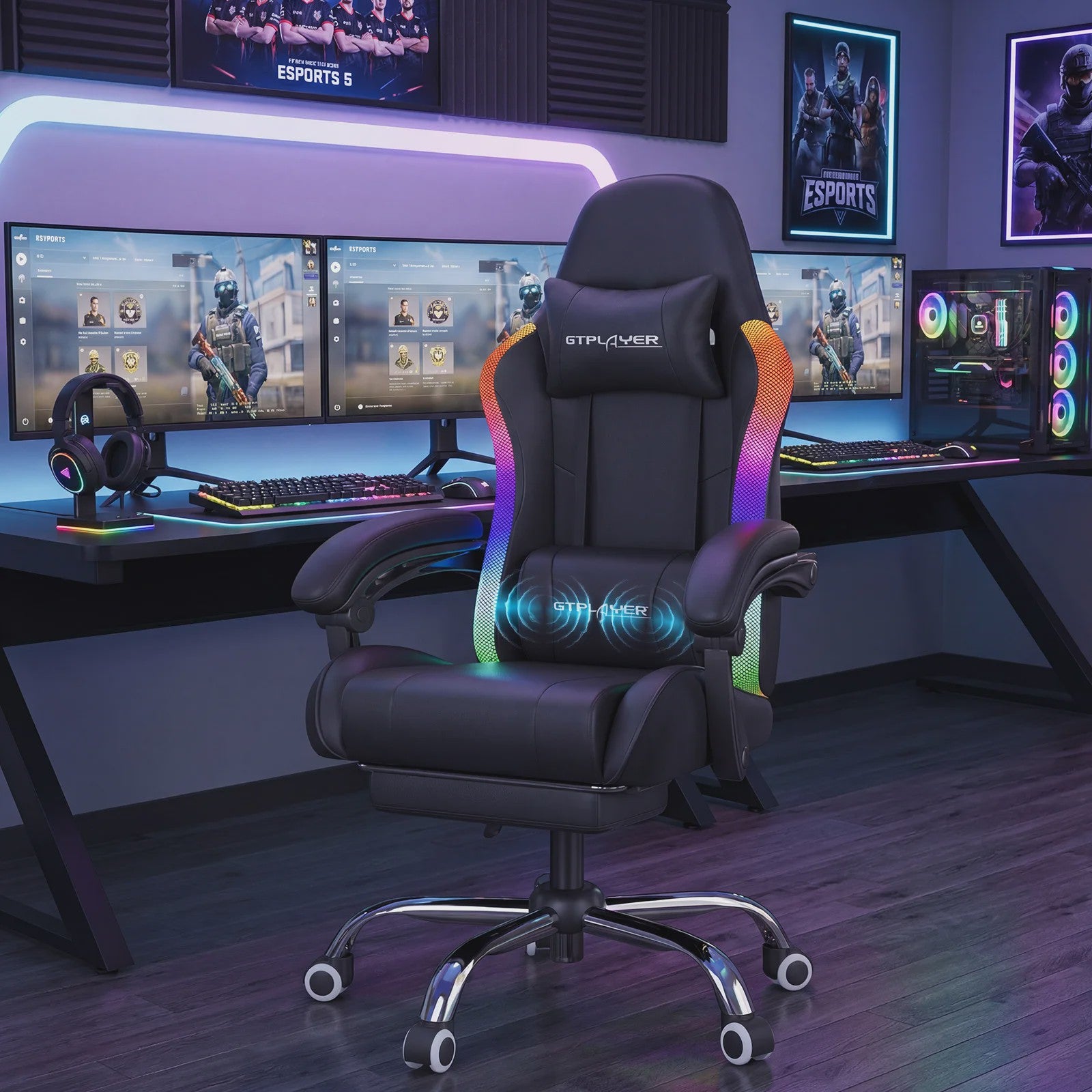 GTPLAYER Ergonomische Gaming & Kantoorstoel met LED Verlichting, Massagefunctie en Opbergvak