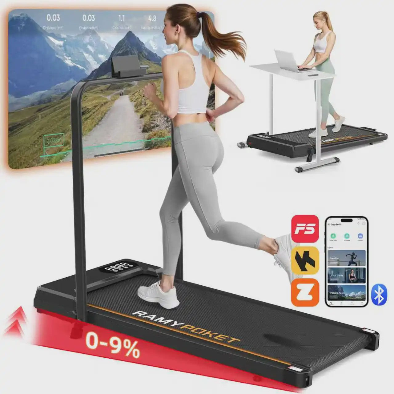 RAMYPOKET Opvouwbare Walking Pad Loopband met 9% helling, 2.5PK, 1-10 km/u, APP & LED, max 150kg