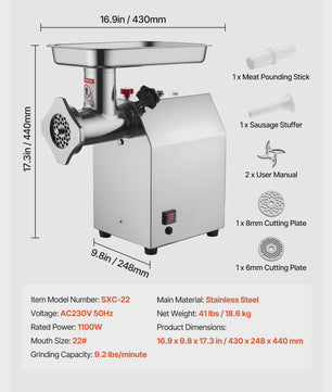 Professionele Elektrische Vleesmolen & Worstmaker - 4.5 tot 9.2 Lbs/Min