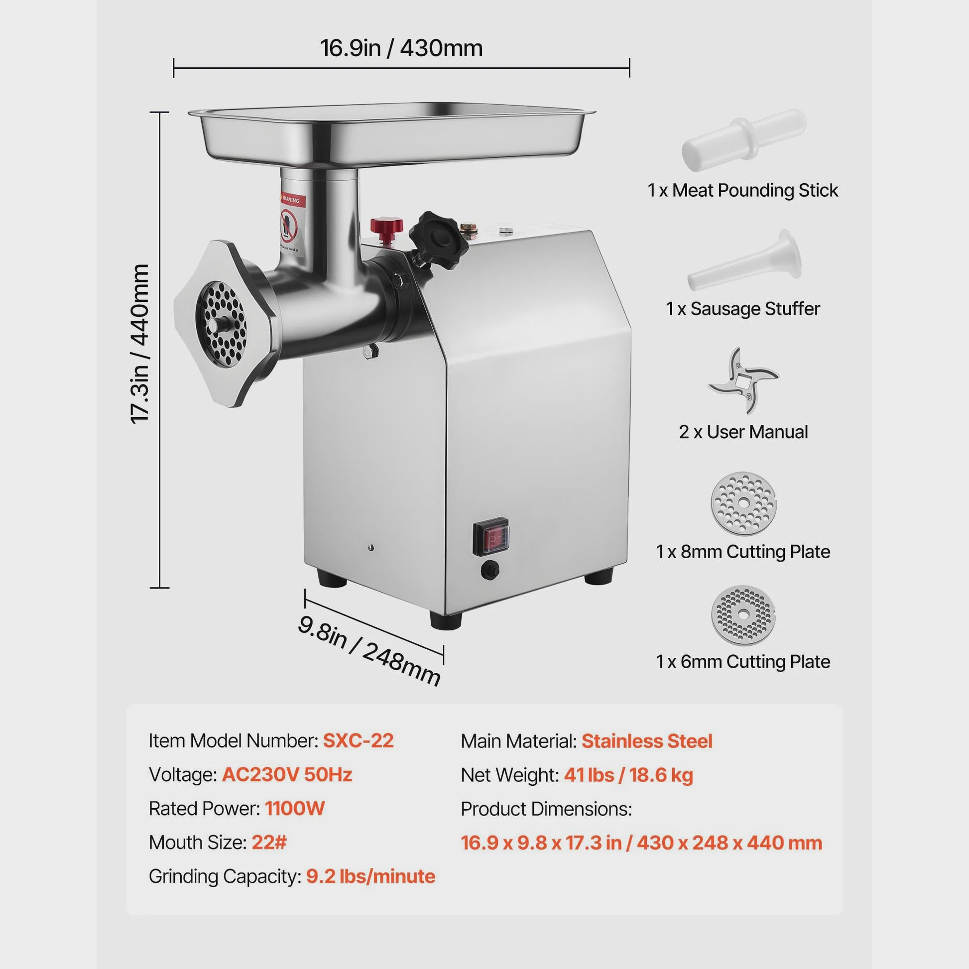 Professionele Elektrische Vleesmolen & Worstmaker - 4.5 tot 9.2 Lbs/Min