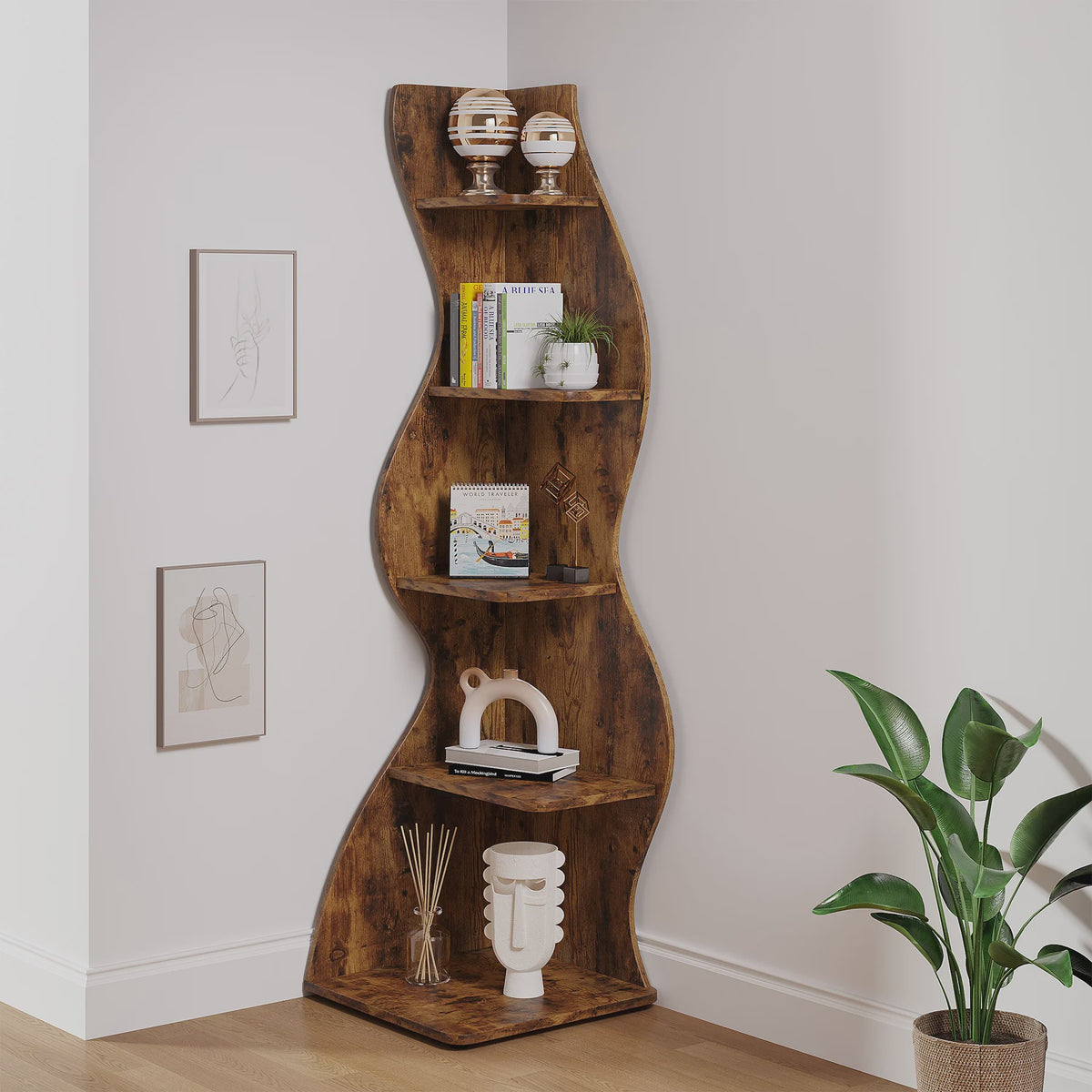 Stijlvolle Golvende Hoekboekenkast met 5 Niveaus - Ruimtebesparend en Decoratief