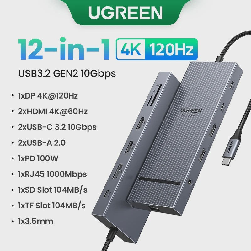 UGREEN 10-in-1 USB-C Hub: 8K/4K Dual HDMI, RJ45, USB 3.0, PD 100W - Docking Station voor MacBook & Laptop