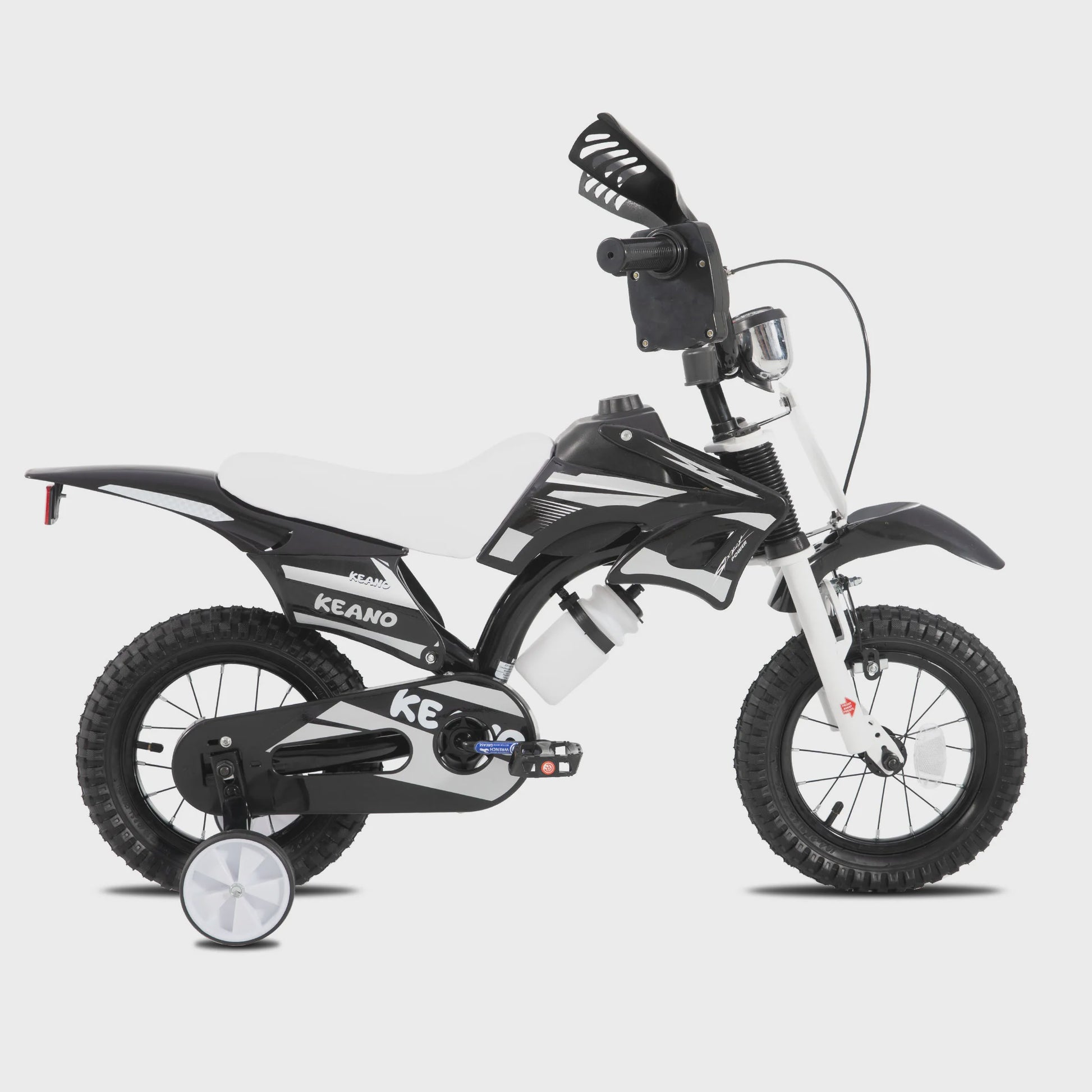 KEANO Kinderloopfiets Motocross Stijl - 12 & 16 Inch - Leeftijd 3-7 Jaar - Met Zijwielen & Nummerplaat