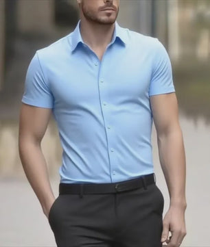 Heren Zomer Overhemd Korte Mouw Stretch Slim Fit - Zwart, Maat 5XL