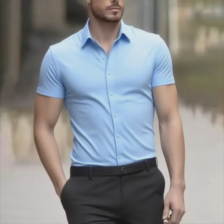 Heren Zomer Overhemd Korte Mouw Stretch Slim Fit - Zwart, Maat 5XL