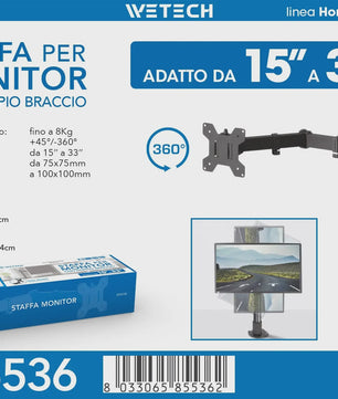 WETECH W5536 Monitor Arm: Verstelbare Desk Mount voor 15-33 Inch Schermen, 8kg Belasting, VESA 75/100, 360° Rotatie