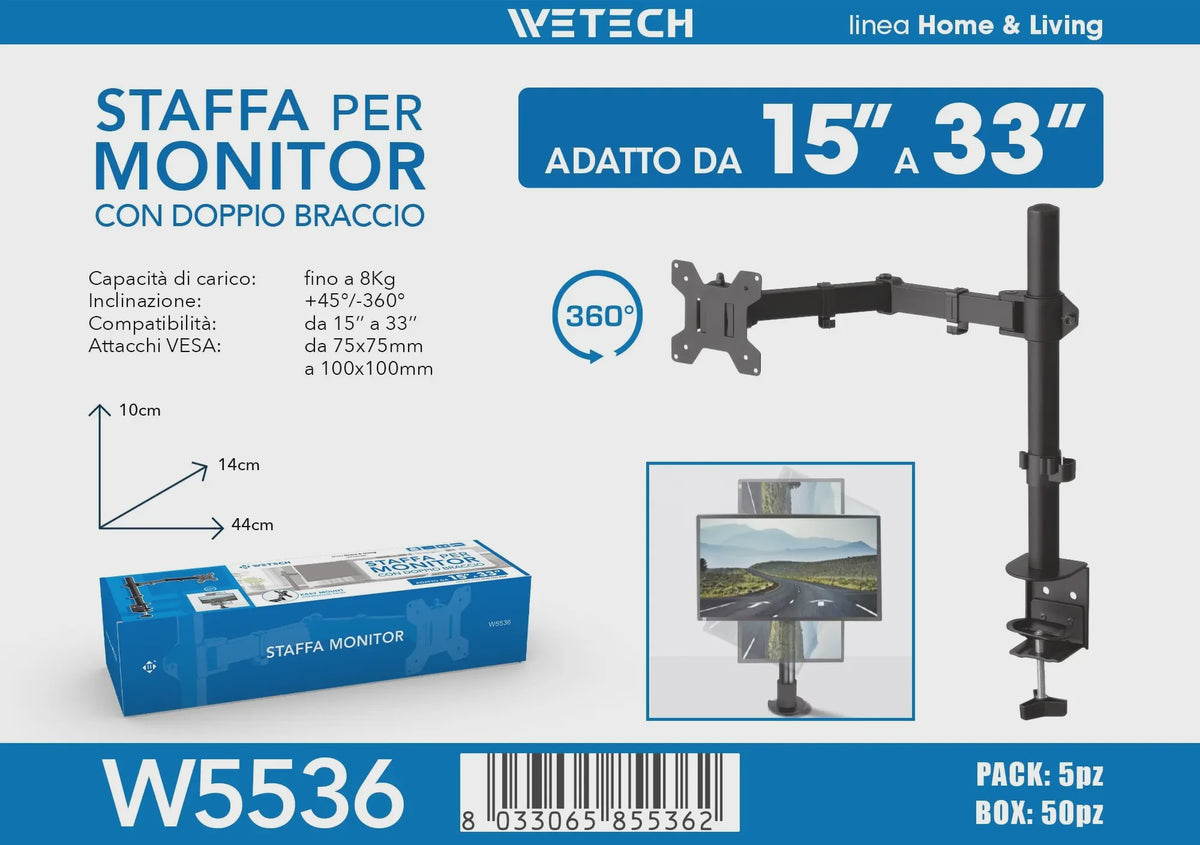 WETECH W5536 Monitor Arm: Verstelbare Desk Mount voor 15-33 Inch Schermen, 8kg Belasting, VESA 75/100, 360° Rotatie