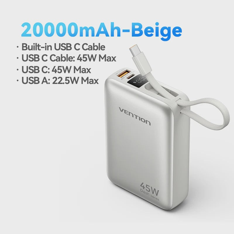 Vention 45W 20000mAh Powerbank - Snelladen voor iPhone, Samsung & Xiaomi