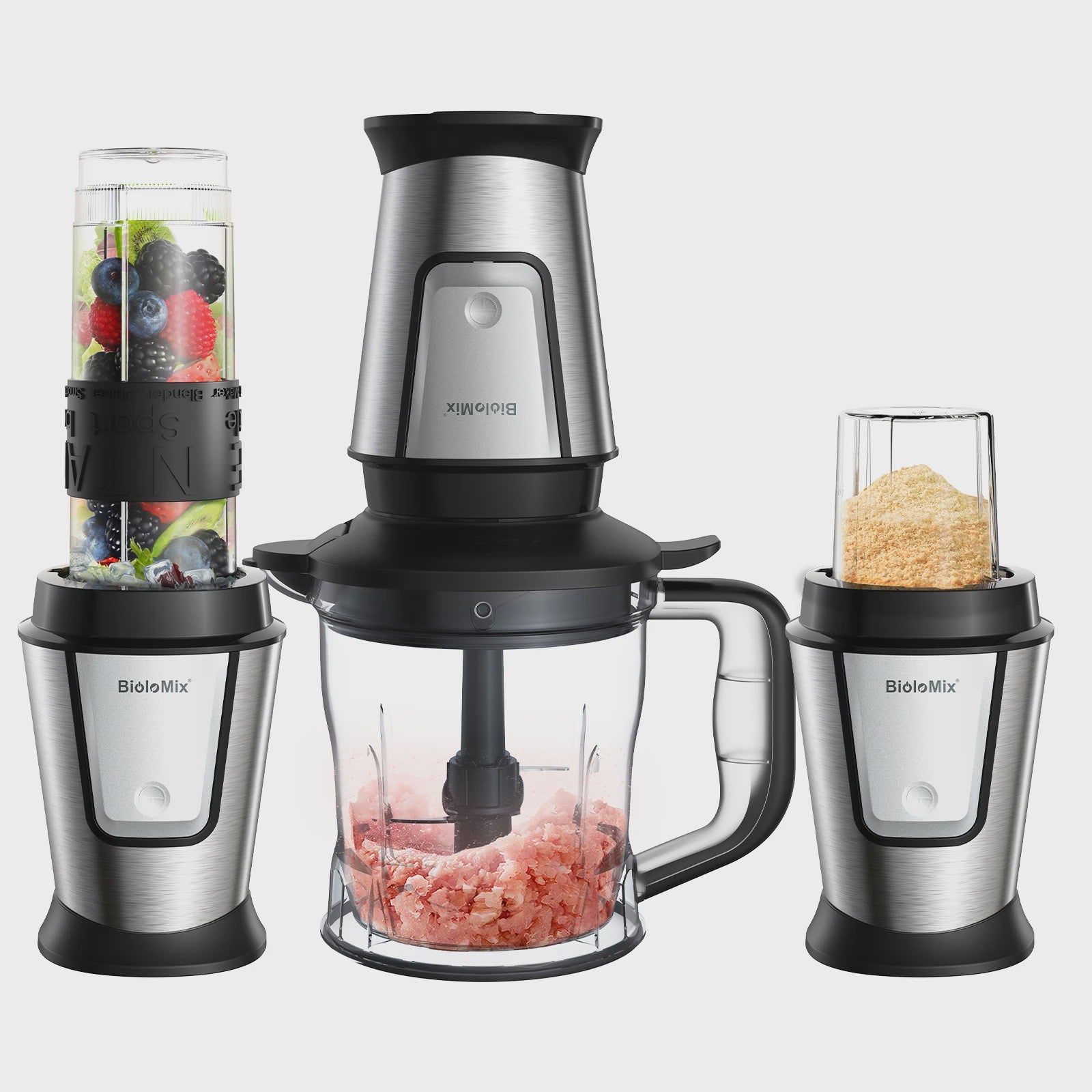 BioloMix 700W Compacte Keuken Blender: 3-in-1 Juicer, Food Processor & Grinder