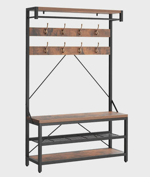 Industriële Kapstok met Schoenenbank en Opbergplanken - 8 Haken, Metaal & Hout-look