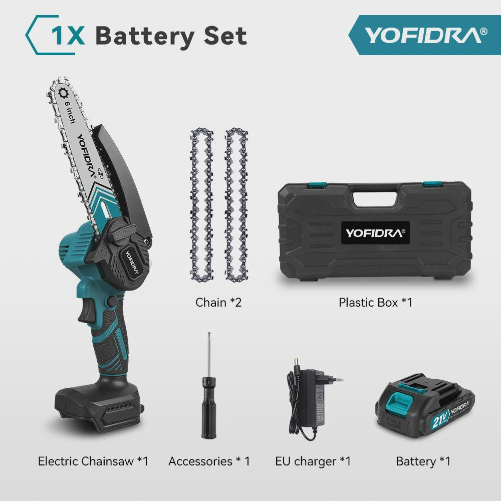 YOFIDRA 6-Inch Snoerloze Elektrische Kettingzaag - Krachtig Snoeien & Houtkloven (21V Batterij)