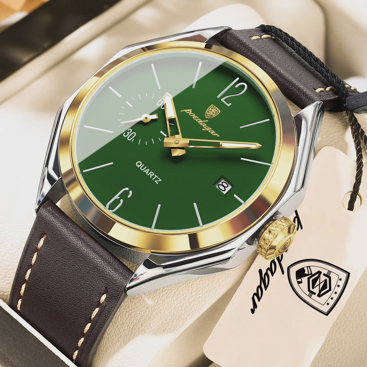 POEDAGAR Herenhorloge Leer - Zakelijk & Casual Kwarts Horloge met Datum & Waterdicht