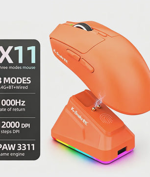 K.Snake X11 Tri-Mode Gaming Muis: 12000 DPI, RGB & Magnetische Oplaadbasis - Draadloos, Bluetooth, 2.4G, Bedraad