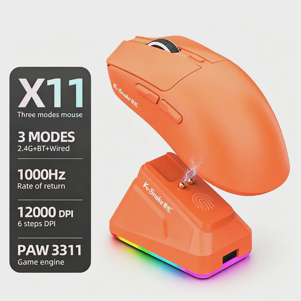 K.Snake X11 Tri-Mode Gaming Muis: 12000 DPI, RGB & Magnetische Oplaadbasis - Draadloos, Bluetooth, 2.4G, Bedraad