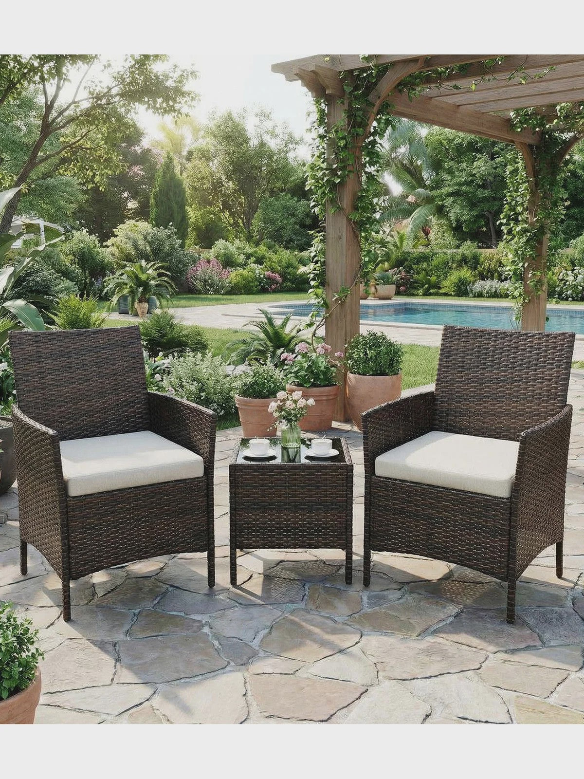 3-delige Buiten Terras Bistroset: PE Rotan Wicker Stoelen met Zachte Kussens & Glazen Salontafel - Compact Tuinmeubilair