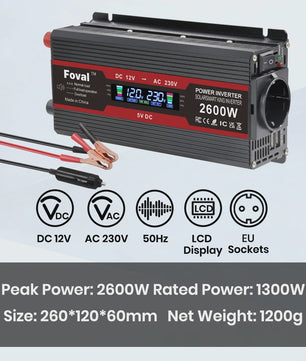 Krachtige 1500W-3000W Auto Omvormer (DC12V/24V naar AC230V) met LCD, USB & EU-stopcontact
