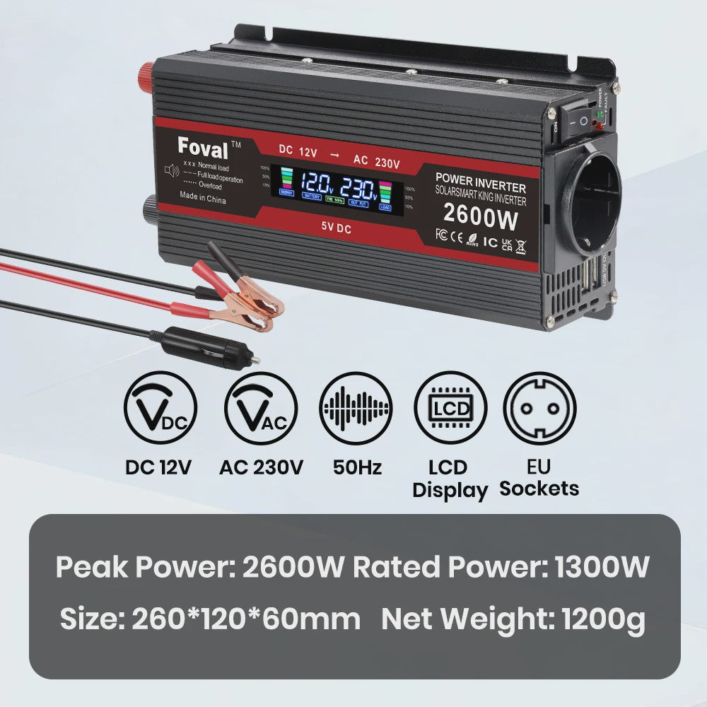Krachtige 1500W-3000W Auto Omvormer (DC12V/24V naar AC230V) met LCD, USB & EU-stopcontact