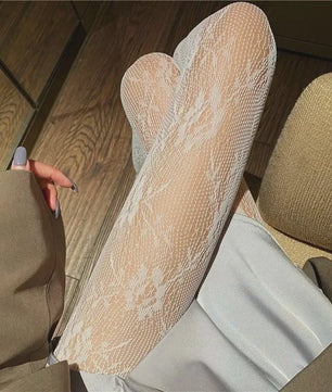 Luxe Lolita Pantyhose met Bloemig Kant en Mesh - Retro Stijl