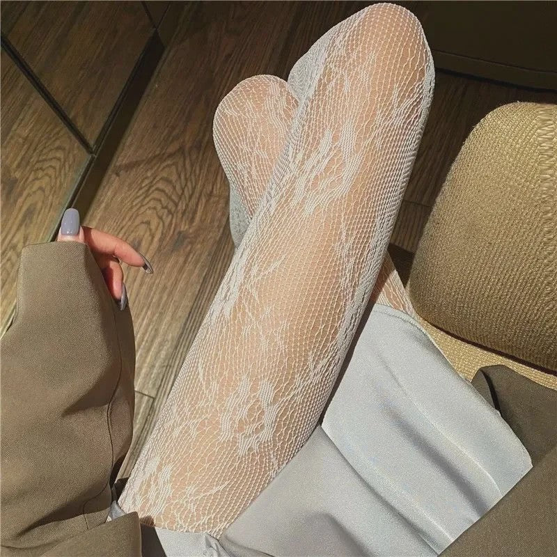 Luxe Lolita Pantyhose met Bloemig Kant en Mesh - Retro Stijl