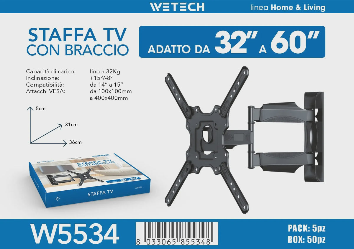 WETECH W5534 TV Muurbeugel - Dubbele Arm, Volledig Verstelbaar voor 32-60 Inch TV's, 32kg Draagvermogen, VESA 100-400mm