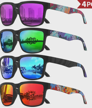 4-delige Set Vierkante Sportzonnebrillen met Designer Tempelpatroon - UV400 Bescherming