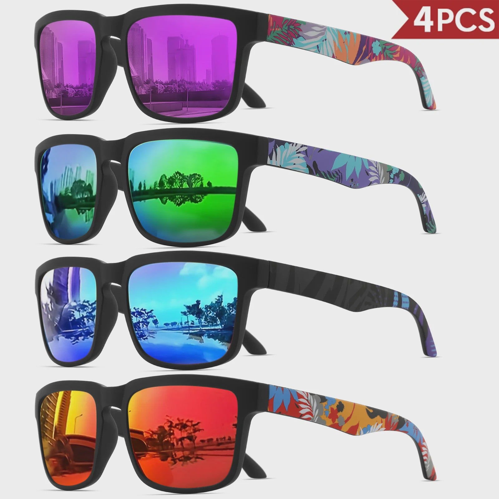 4-delige Set Vierkante Sportzonnebrillen met Designer Tempelpatroon - UV400 Bescherming
