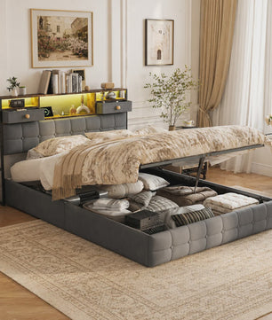 Boxspring Bed 140x200 met Hydraulische Opbergruimte en Multifunctioneel Hoofdbord - Velvet