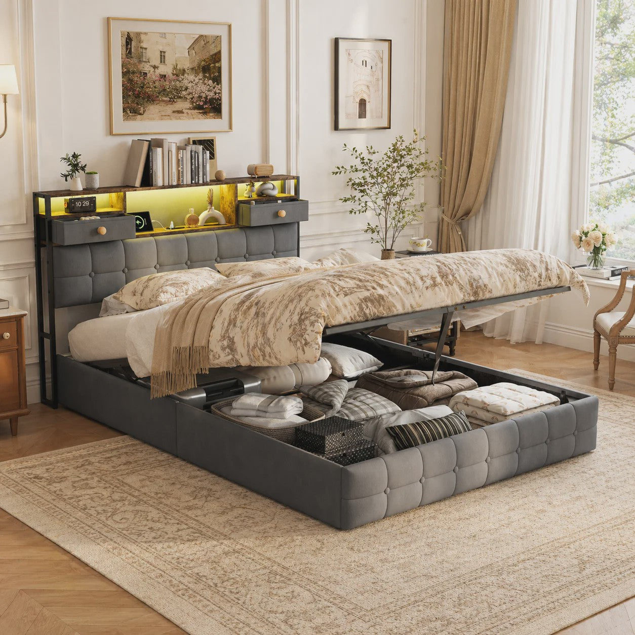 Boxspring Bed 140x200 met Hydraulische Opbergruimte en Multifunctioneel Hoofdbord - Velvet