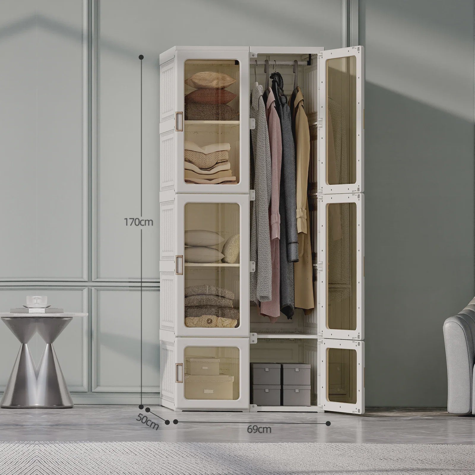 Draagbare Opvouwbare Garderobekast Organizer - Wit ABS Plastic Kledingkast met Deuren