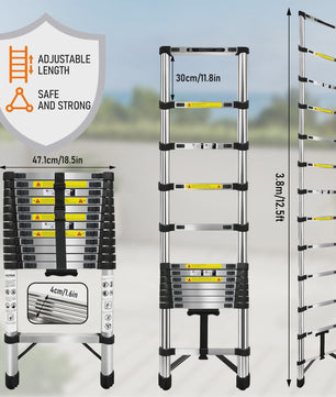 2.6M-6.3M Telescopische Ladder van Roestvrij Staal met Afneembare Haken & Stabilisator Bar - EN131 Gecertificeerd, 150kg Max