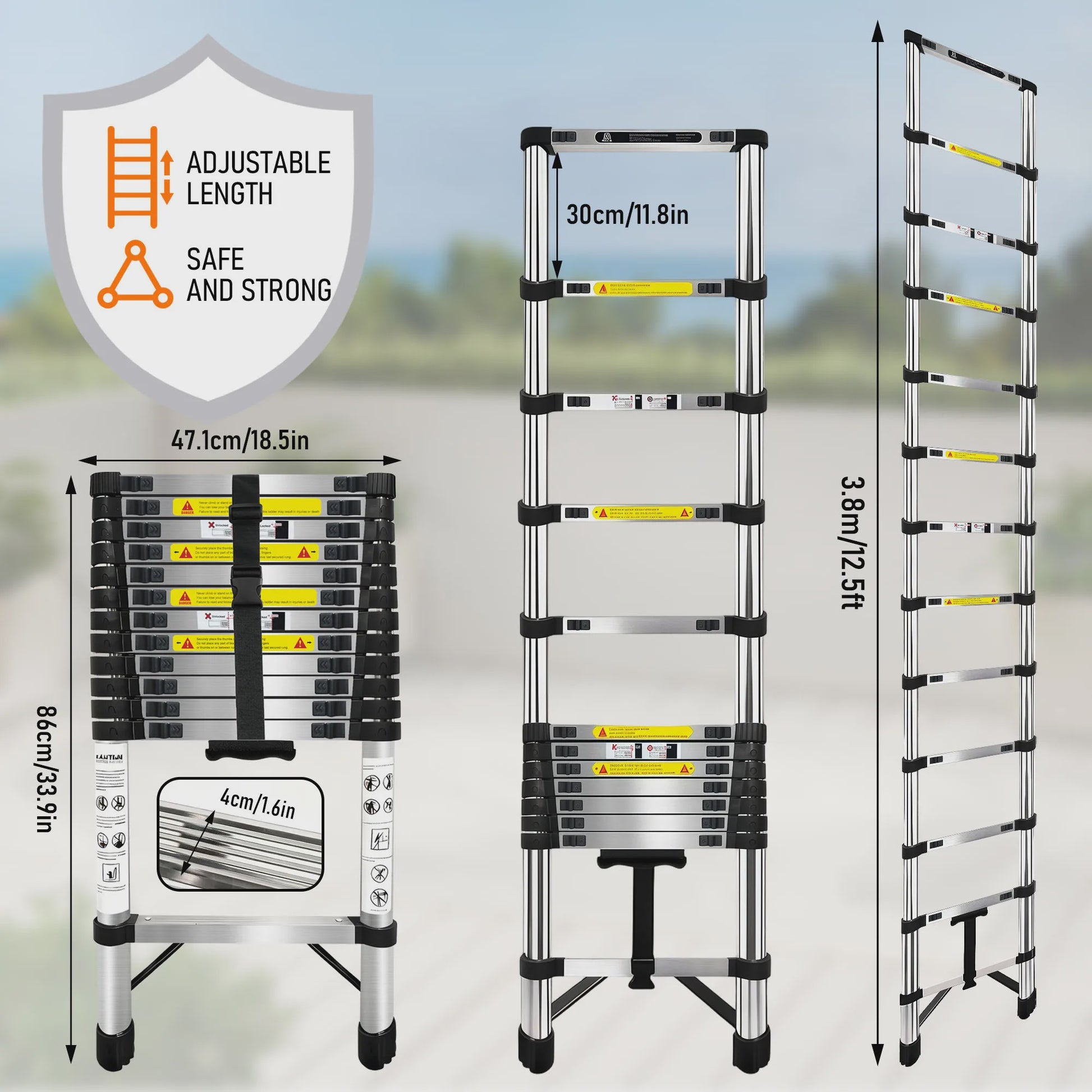 2.6M-6.3M Telescopische Ladder van Roestvrij Staal met Afneembare Haken & Stabilisator Bar - EN131 Gecertificeerd, 150kg Max