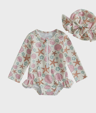 Zomerse Baby Meisjes Zwempak met Bloemenprint, Lange Mouwen en Ruches