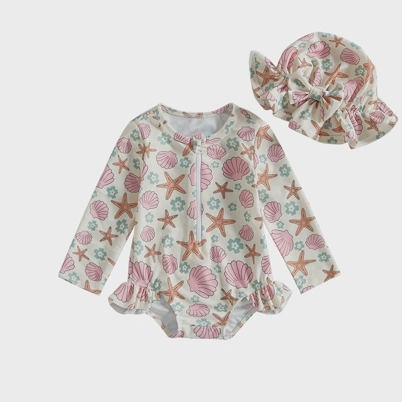 Zomerse Baby Meisjes Zwempak met Bloemenprint, Lange Mouwen en Ruches