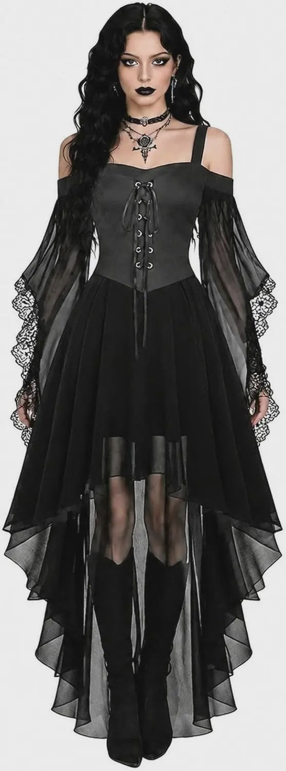 Gothic Heksenjurk Dames - Middeleeuwse Vampier Stijl met Vlinder Mouwen & Kant
