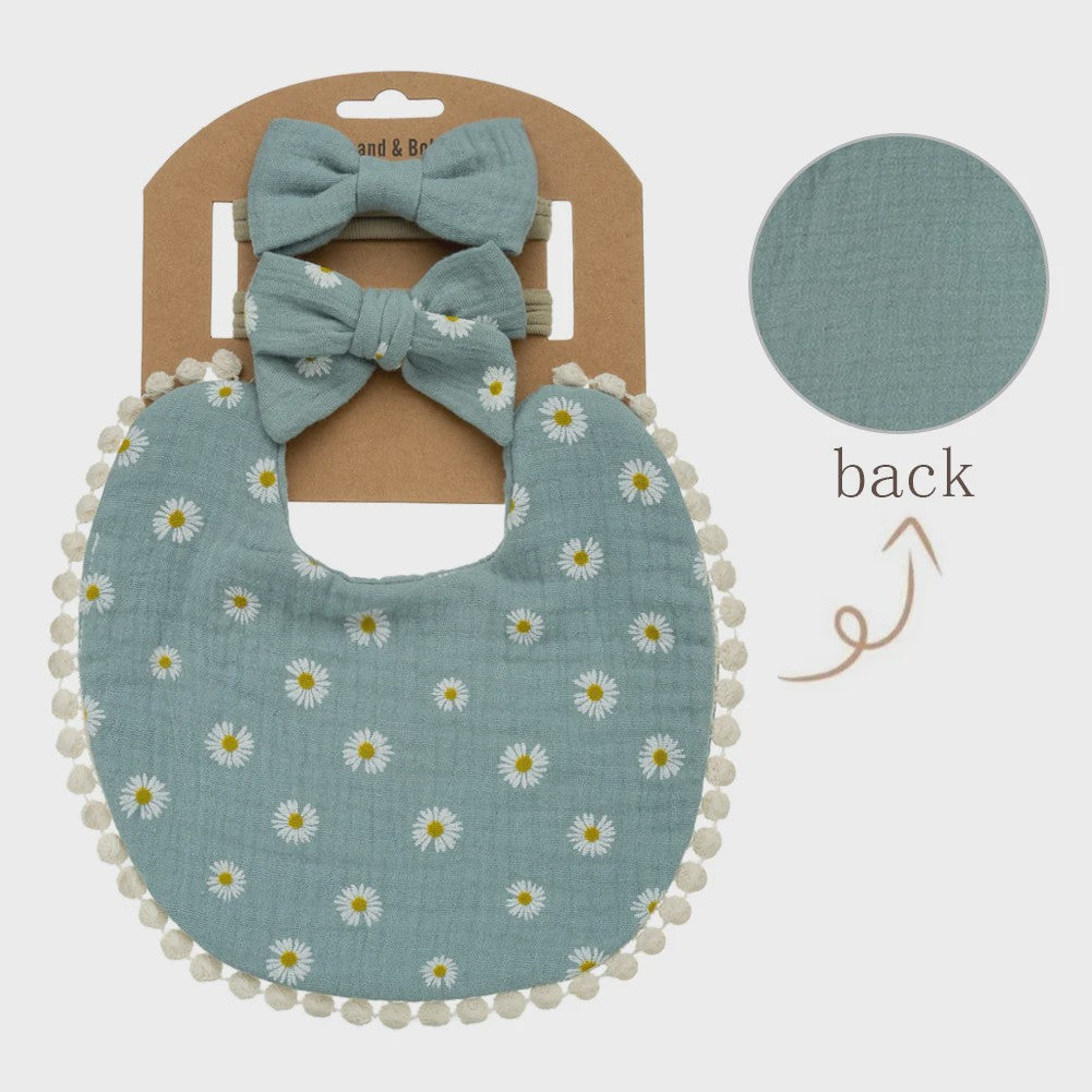 Babyset: 3x Babyluiers met Strik Haarbandjes - Bloemenprint & Pompons