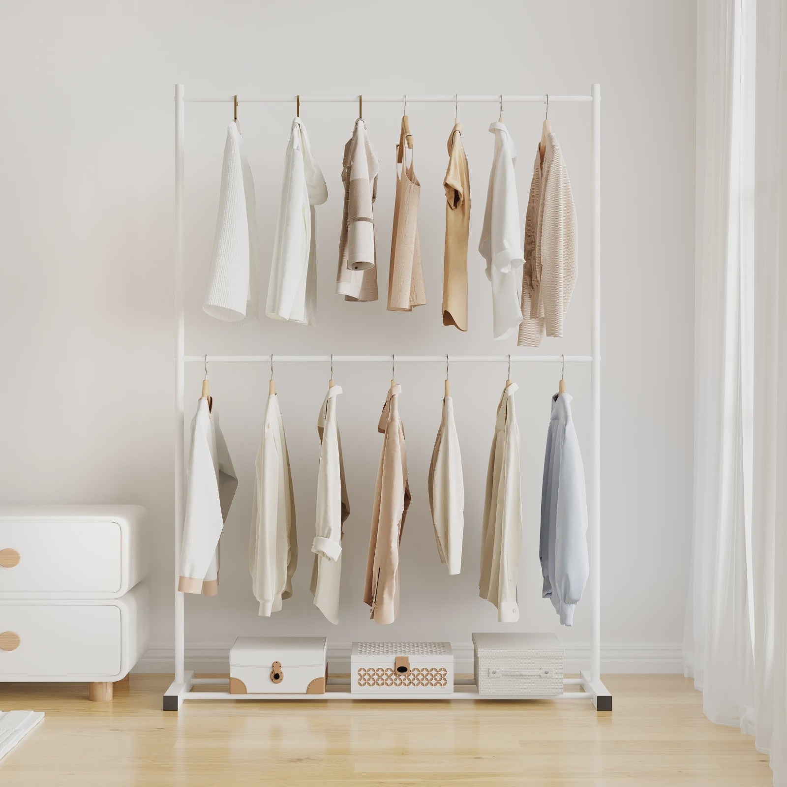 Stabiele Kledingrek Dubbellaags - Multifunctioneel & Nordic Stijl - Zwart, Wit, Goud