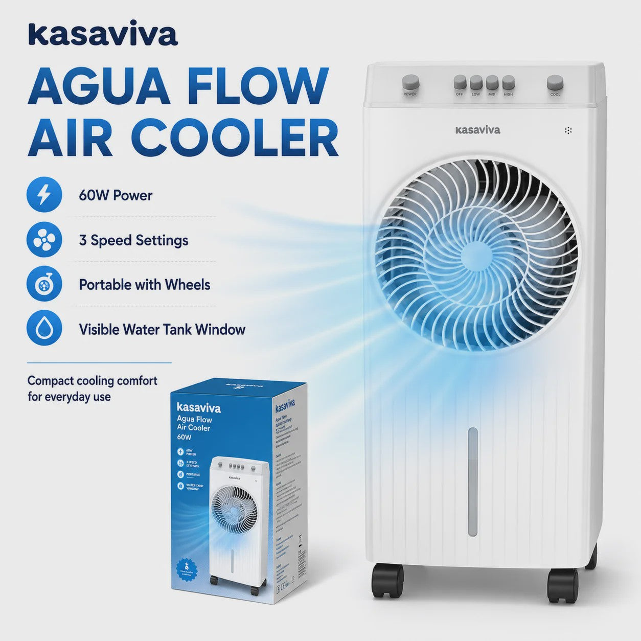 Draagbare Water Air Cooler met 4L Tank, 65W, 3 Snelheden & Afstandsbediening