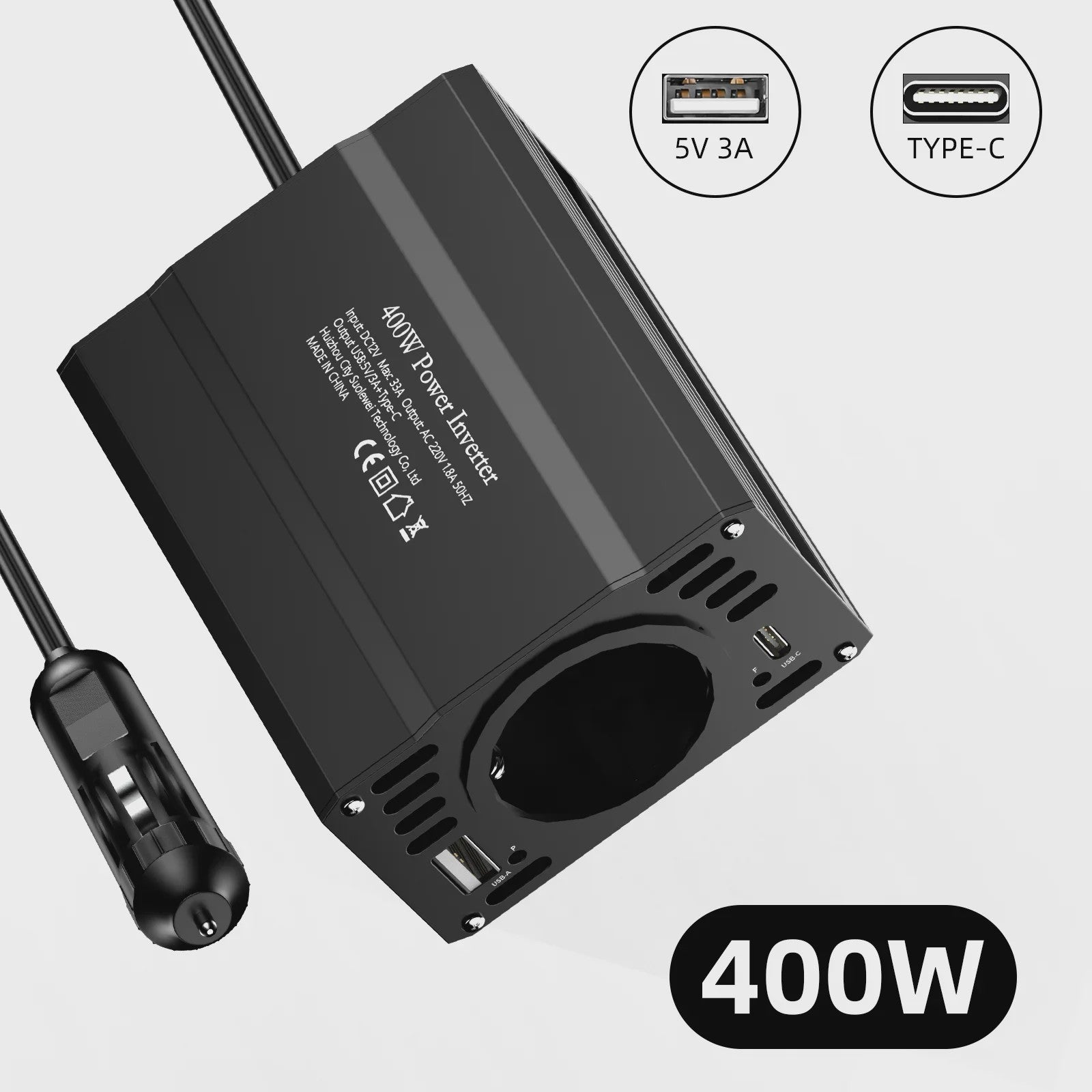 Krachtige 400W/500W/1500W Auto Omvormer: DC 12V naar AC 220V met 3x USB 2.0 en 1x USB QC3.0