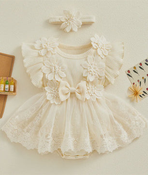Prinsessen Baby Meisjes Romper Jurk met 3D Bloemen, Kant & Hoofdband - Zomerkleding